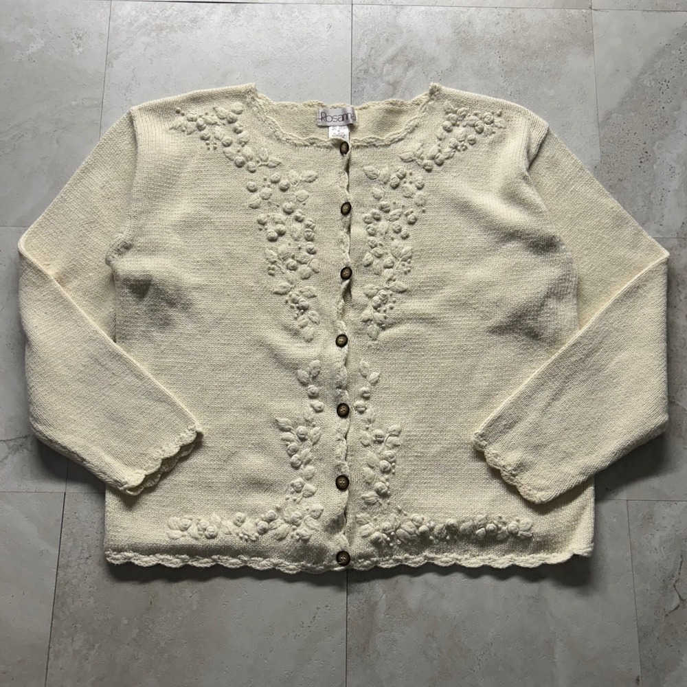 Rosanna Cardigan Cream Women Medium Floral Embroidered Ramie Cotton Vintage